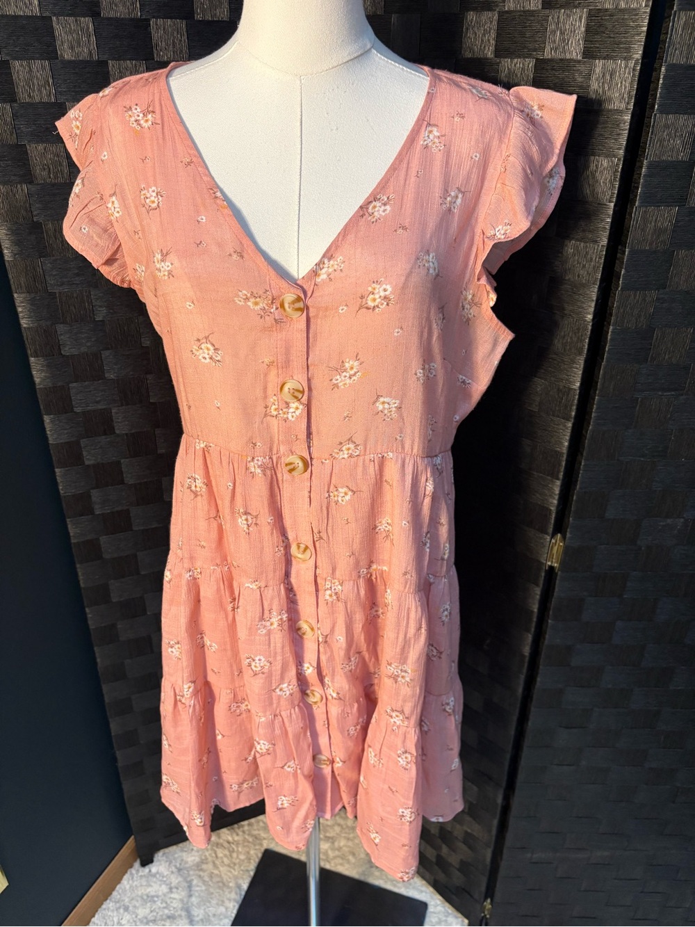 MiNE Boho Pink Ditsy Floral Button Down Tiered Mini Dress Flutter Sleeve
